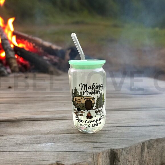 Other - Camping Memories Glass Can Tumbler 16oz Glass Straw, Green, camp, rv, camper